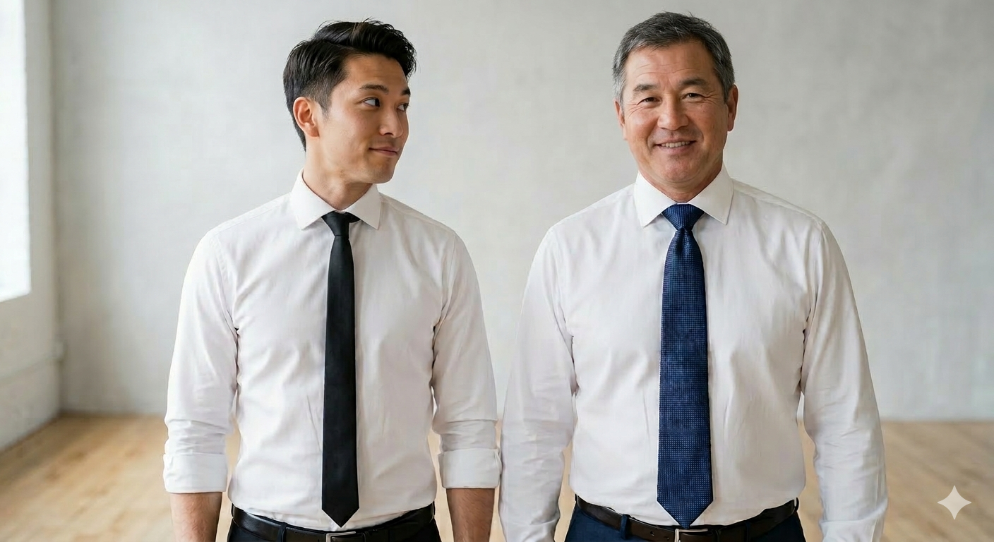 ネクタイの太さと結び方を比較する、20代後半と40代の日本人男性のスーツスタイル