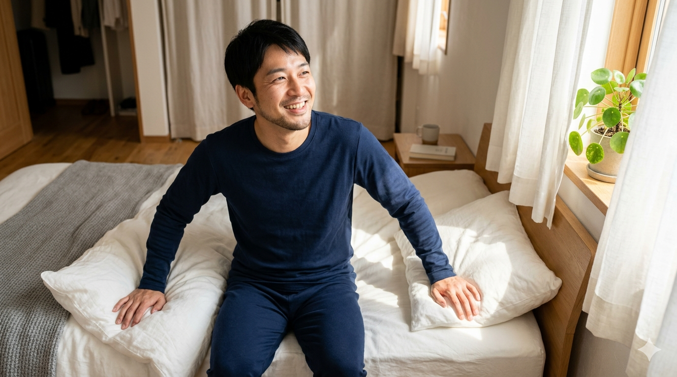 リカバリーウェア風のネイビーのパジャマを着て、元気に起き上がる男性