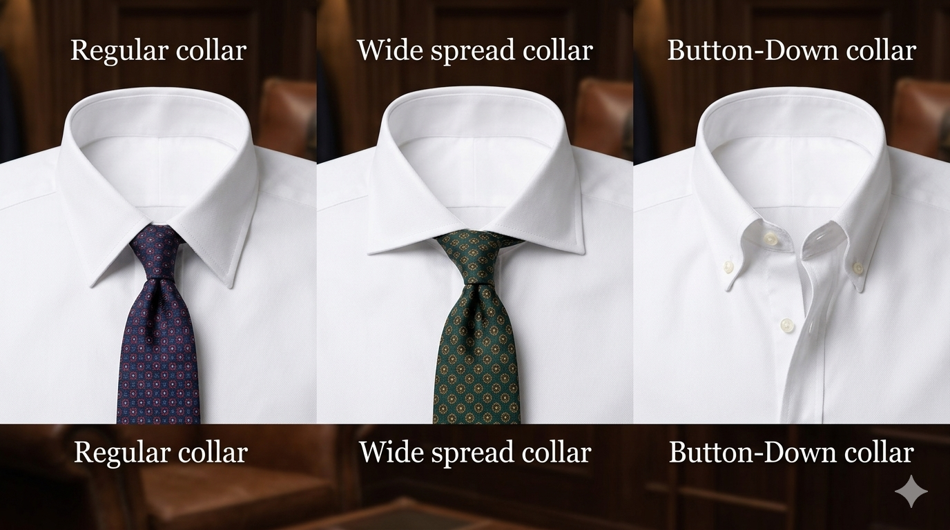 ワイシャツの代表的な襟型（レギュラーカラー、ワイドカラー、ボタンダウン）の比較画像