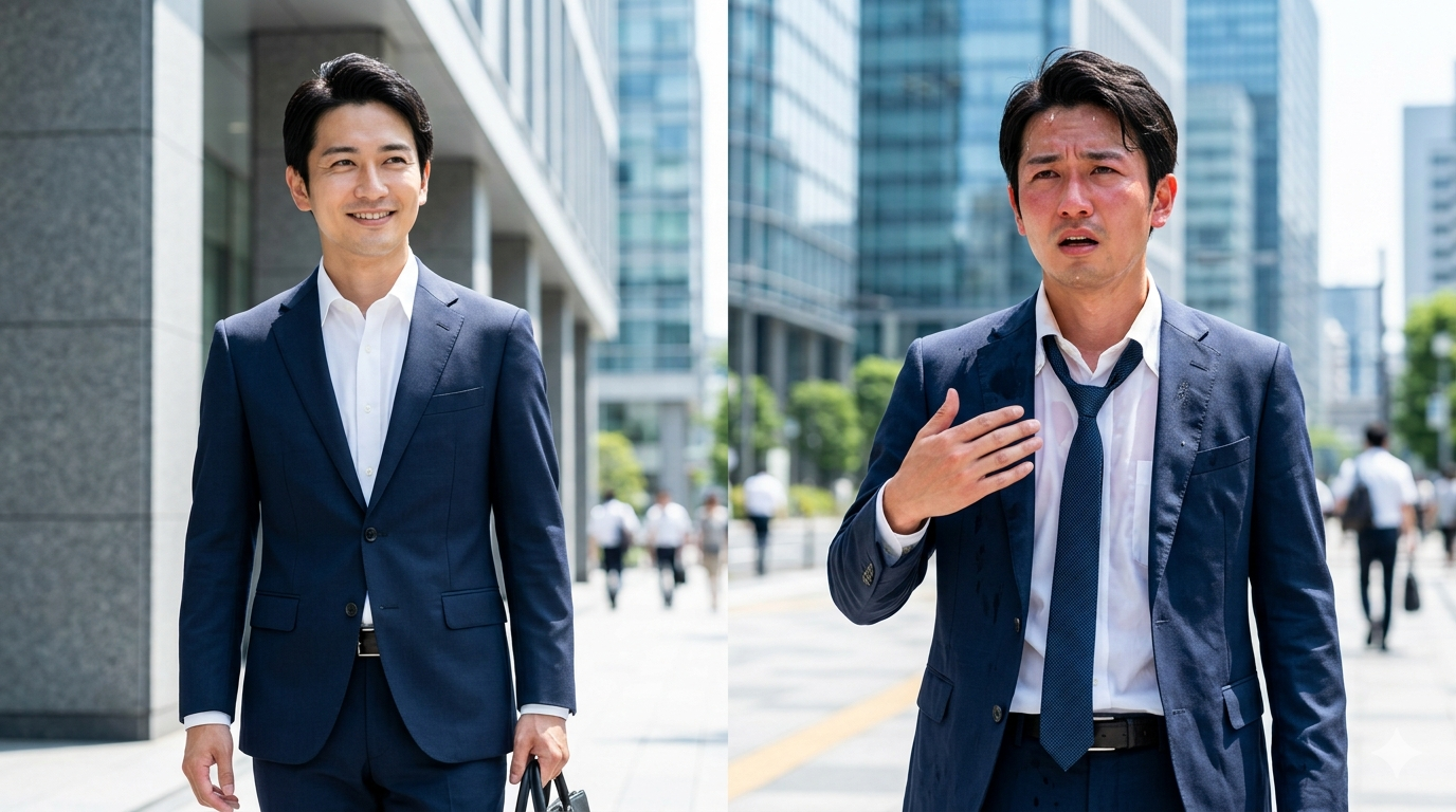 夏の強い日差しの下、涼しげに歩くスーツ姿の店長と、暑さに困っている男性の比較画像