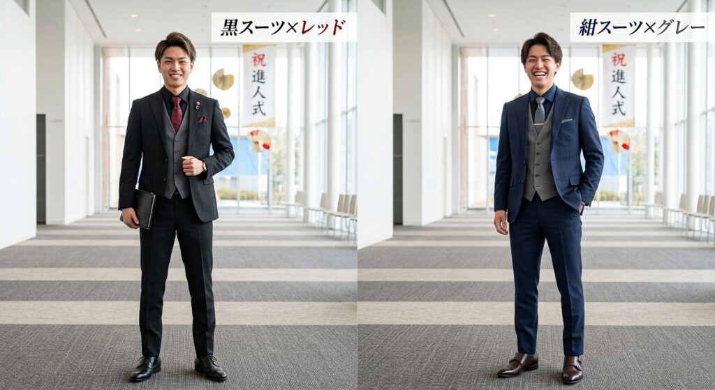 左側:成人式用ブラックスーツとレッドのネクタイを合わせた、クラシックで華やかなコーディネート。
右側:成人式用ネイビースーツにグレーのベストを重ねた、知的で洗練された印象のスリーピース・スタイル。